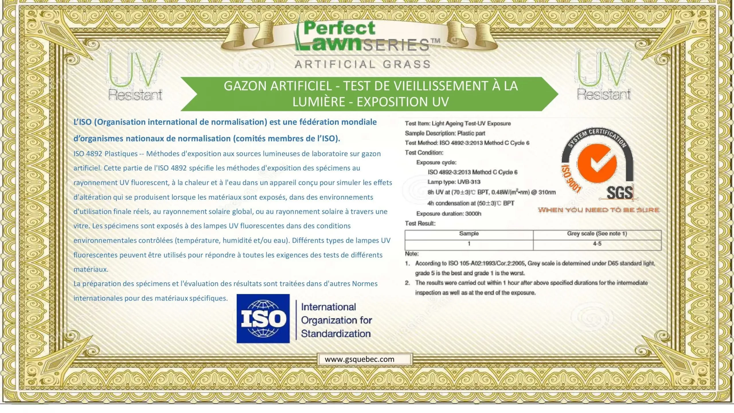 Certificat de résistance UV SGC