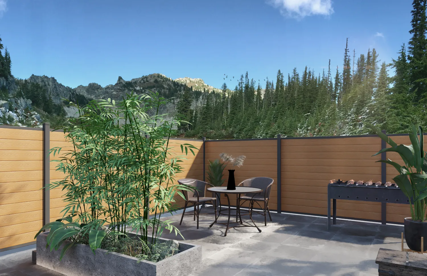 Natural wood-look composite fencing panels for a rustic backyard aesthetic without the maintenance.