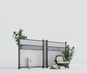 Modern light grey composite privacy fence with black aluminum posts in a Canadian backyard