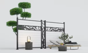 Lightweight EZfence Slim PVC and composite fence panels in a modern garden setting.